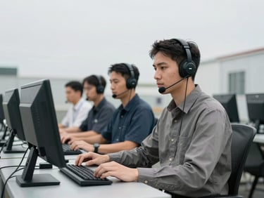 Professional team portrait of a dispatcher at an active workstation, crisp overcast daylight, desaturated industrial tones, sharp focus, 35mm lens.