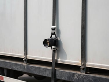 Secure cargo tie-downs on a flatbed trailer, crisp overcast daylight, desaturated industrial tones, sharp focus, 35mm lens