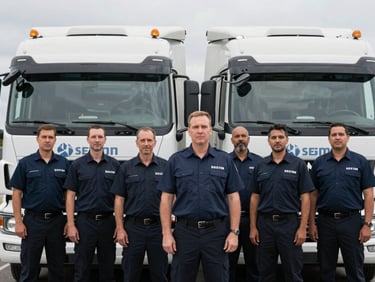 Professional team portrait of a commercial truck driver in uniform, standing beside a branded vehicle, crisp overcast daylight, desaturated industrial tones, sharp focus, 35mm lens.