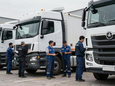 Professional team portrait of a maintenance technician working on a commercial vehicle in a modern bay, crisp overcast daylight, desaturated industrial tones, sharp focus, 35mm lens.