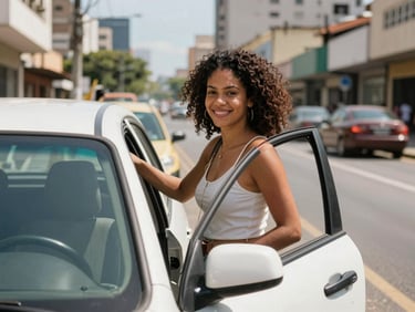 A Brazilian woman passenger smiling while safely boarding a car on a sunny day, city street background, warm natural sunlight, 35mm