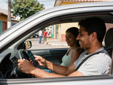 A Brazilian driver and a passenger interacting positively inside a car, app screen visible on phone, warm natural sunlight, 35mm