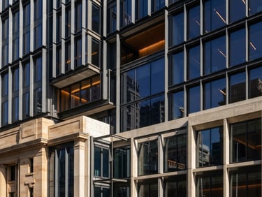 Architectural crop of a modern concrete and steel commercial facade in Sydney, sharp shadows, crisp natural daylight, wide-angle lens