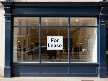 Retail shopfront with a 'For Lease' sign, reflection of street in window, crisp natural daylight, deep navy and warm amber tones.