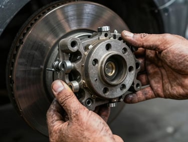Close-up of a mechanic's grease-stained hands holding a worn brake caliper next to a brand new replacement part, high contrast workshop lighting.