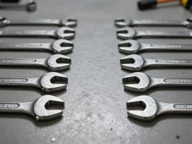 Tight macro shot of heavy steel wrenches and ratchets laid out symmetrically on a clean workbench, high contrast.