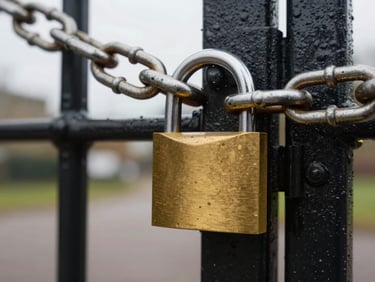 Close-up of a heavy-duty brass padlock securing a thick steel chain on a black metal gate, overcast British daylight.