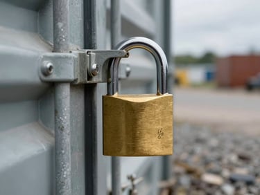 Close-up of a heavy-duty brass padlock securing a steel container door in a gravel yard under overcast daylight