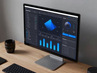 Overhead studio shot of a modern workspace with a high-fidelity UI mockup on a sleek display, showing real-time creative data readouts and cobalt accents.
