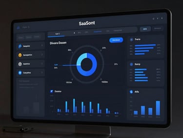 Isometric interface mockup of a SaaS analytics dashboard, dark UI with electric blue highlights