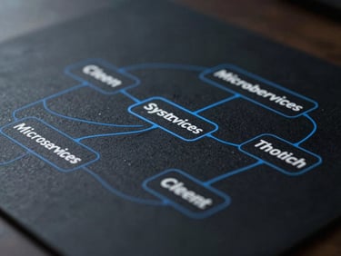 Clean system architecture diagram showing microservices connected by electric blue lines on a dark canvas