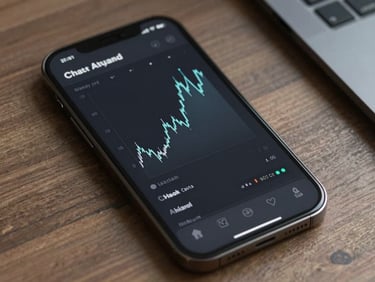 High-fidelity mobile app interface mockup on a dark screen, showing clean minimalist financial charts