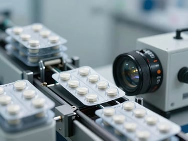 Automated packaging line sealing clinical gastrointestinal tablets in minimalist blister packs, bright laboratory light.