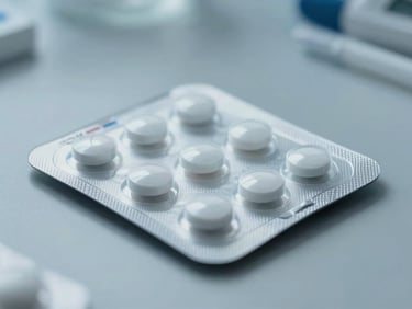 Macro shot of minimalist cardiac-diabetic medicine packaging, cool clinical light, sterile laboratory setting.