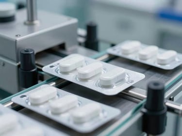 Macro shot of minimalist white medicine packaging moving on an automated conveyor belt in a sterile pharmaceutical facility, cool bright lighting