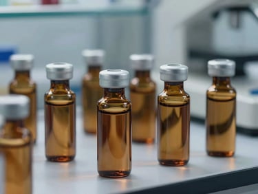 Laboratory setting showing high-end clinical nutrition liquid formulations in amber glass vials, cool lighting.