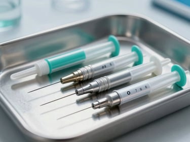 Macro shot of sterile dental anesthetic cartridges in a pristine clinical tray, sharp medical teal accents.