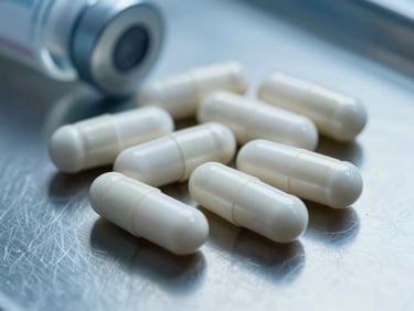Macro close-up of pristine rheumatology capsules on a sterile stainless steel surface, clinical blue tone.