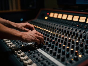 Hands adjusting dials on an analog mixing console in a dark recording studio, warm meter lights glowing.