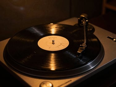 A vinyl record spinning on a turntable in a dimly lit room, warm amber light glinting off the grooves, moody atmosphere.
