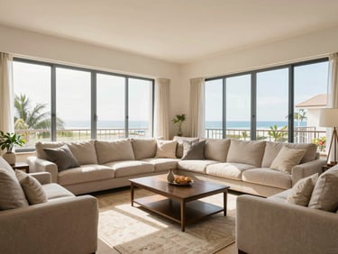 Overly saturated, wide-angle real estate photo of a living room with perfect lighting, looking unnaturally pristine.