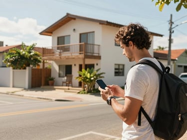Candid editorial photo, warm daylight, a traveler standing on a sunny street in Ilhabela looking at a modern beach house while checking their phone, 35mm lens.