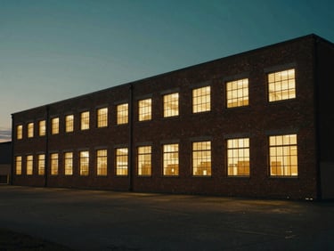 Cinematic wide shot of a massive brick distribution warehouse at dusk, warm interior glow from high windows, dark moody atmosphere