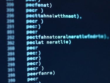 Macro close-up of a high-resolution terminal screen displaying glowing cyan code structures and data topologies on a deep slate background, sharp focus, 35mm