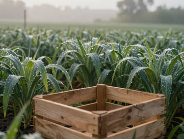 Medium environmental shot of a quiet morning organic farm field, low-angle natural morning light hitting dew-covered crops, a wooden harvest crate in the foreground.