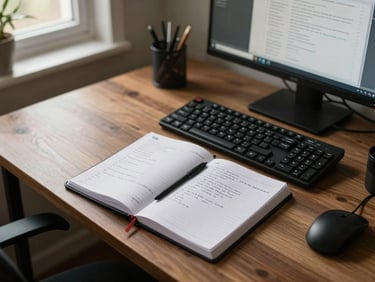 Close overhead shot of a VA's organized home desk — open planner with handwritten task notes, a mechanical keyboard, and a secondary screen displaying a structured document, warm natural window light from the upper left, real residential environment visible softly in background