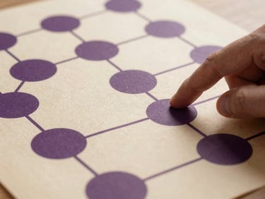 Abstract pattern of interconnected supply chain lines on a digital interface, with a hand subtly interacting, soft natural daylight, deep purple and warm parchment tones, shallow depth of field, 35mm