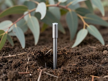 Close-up of a scientific soil moisture probe inserted into rich dark soil, eucalyptus leaves in the background, crisp morning light, medium format photography