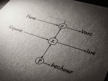 Monochrome close-up of handwritten systems diagrams on textured paper, dramatic side-lighting, deep shadows, textured brush background.