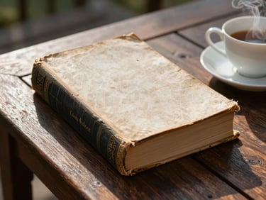 Détail poétique de livres anciens posés sur une table en bois flotté, une tasse de thé fumante à côté, lumière rasante de fin d'après-midi sur la terrasse.