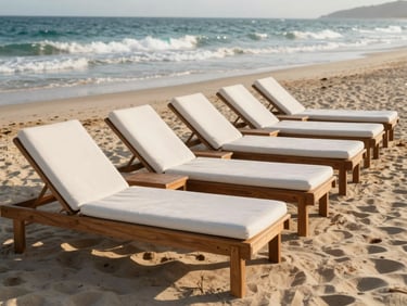 Teak sunbeds with white cushions aligned on the beach, ocean waves in the background, warm afternoon light.