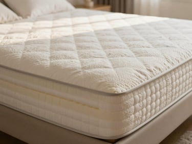 Sunlit modern bedroom showing a premium mattress cross-section, revealing structured foam layers and organic cotton cover, warm editorial photography, 35mm