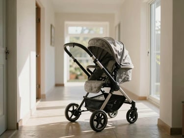 Wide environmental shot of a premium baby stroller parked in a quiet, sunlit home hallway with natural shadows, warm editorial photography, 35mm