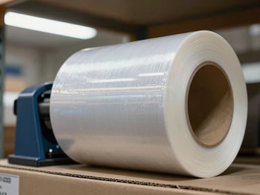 Roll of commercial stretch film on a dispenser box on a warehouse shelf, overhead fluorescent lighting showing film gauge and transparency clearly, no people