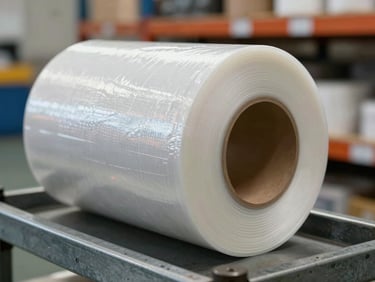 Close-up of a tightly wound roll of transparent stretch film on a steel dispenser, industrial warehouse shelf in background out of focus, neutral daylight, film edge detail clearly visible