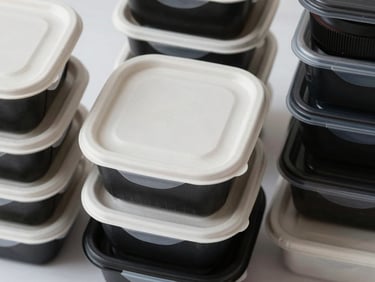 Close-up overhead of stacked disposable food containers in different sizes on a clean white surface, neutral daylight, sharp material detail