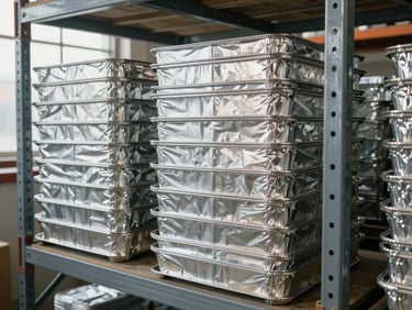 Stacked aluminum gastronorm trays and foil rolls arranged on a metal shelving unit in an organized warehouse, daylight from side window showing gauge and finish