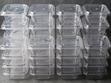 Tight overhead shot of stacked clear polypropylene takeout containers of multiple sizes arranged in precise columns on a grey surface, neutral studio daylight, no food inside, material texture clearly visible