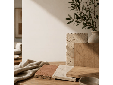 Campioni di materiali naturali per interior design con legno, pietra e finiture materiche