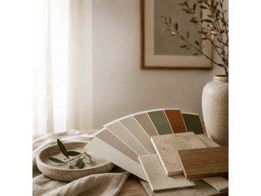 Palette colori e campioni di materiali naturali per un progetto di interior design