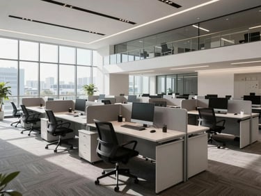Wide environmental shot of a modern, structured corporate workstation with cool natural daylight, clean lines, and architectural precision.