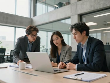 Technical professionals collaborating in a bright, modern architectural office space, structured concrete and glass elements, natural daylight, candid professional focus.