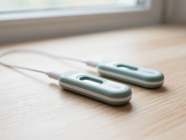 A macro photograph of two different sleek CGM sensors resting on a clean wooden table, soft morning light filtering through a window, shallow depth of field.