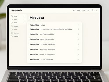 Straight-on clean UI mockup of the Notelatech editor, displaying markdown formatting on a crisp off-white background with subtle gray grid lines and a mechanical keyboard visible at the bottom edge.