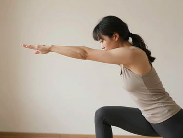 A patient in a bright studio performing a natural functional movement, focusing on posture and effort, soft diffused daylight, warm minimalist aesthetic.