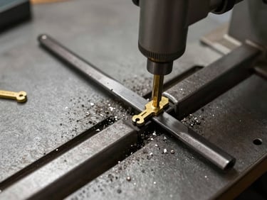 Tight overhead shot of a key-cutting machine mid-cut, metal shavings visible, cool neutral workshop lighting, sharp focus on blade and brass key blank